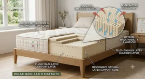 Diagram showing open-cell pinhole structure for optimal breathability and temperature regulation in a latex mattress
