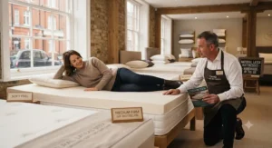 Shopper testing firmness levels when choosing the best natural latex mattress in a UK showroom.