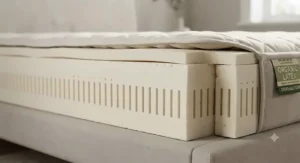 Close-up cross-section of a breathable organic and natural latex mattress core highlighting pinholes.