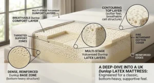 Cross section view of a Dunlop latex mattress highlighting its dense bottom-heavy foam structure