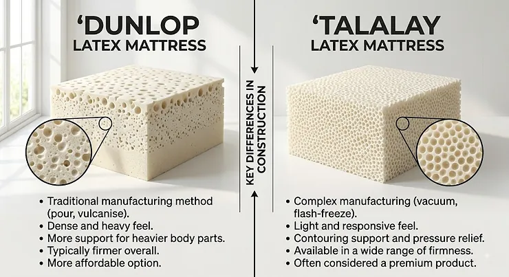 Comparison diagram showing key differences between Dunlop vs Talalay latex mattress core construction