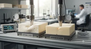 Durability and elasticity testing comparing natural and synthetic latex mattress materials.