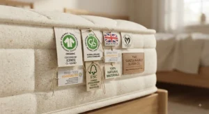 Detail shot of eco-friendly mattress labels showing organic and sustainability certifications.