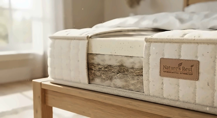 Close up of an eco-friendly mattress showing sustainable, natural fibres and organic cotton materials.