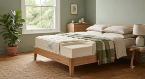 Sustainable natural latex mattress featuring organic cotton covers in an eco-friendly UK home.