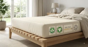 Natural latex mattress placed on a wooden slatted bed base featuring organic certification badges