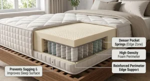 Illustration highlighting reinforced perimeter edge support along a UK king-size latex hybrid mattress.