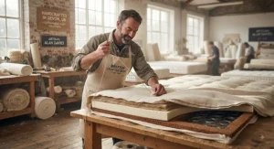 Artisan preparing a handcrafted eco-friendly mattress in a British factory.