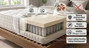 Graphic demonstrating natural antimicrobial and hypoallergenic properties of latex protecting against dust mites and allergens.