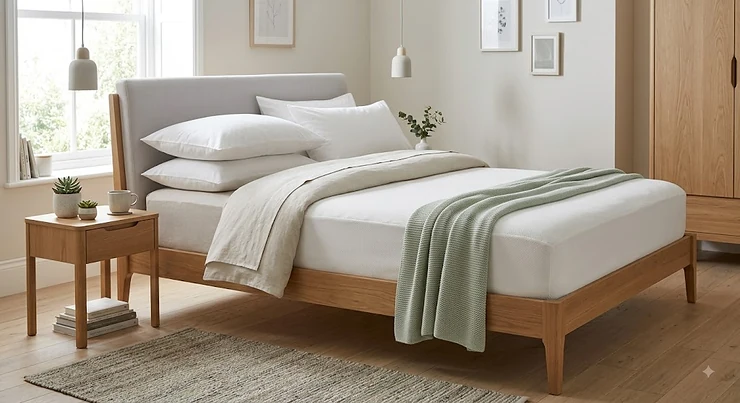 Illustration of a hypoallergenic mattress with an organic cotton cover in a modern British bedroom setup.