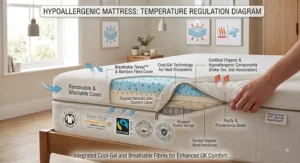 Diagram showing cool-gel technology and breathable fibres in a UK hypoallergenic mattress.