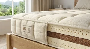 Detail of the hypoallergenic soft British wool cover stitched onto a natural latex mattress