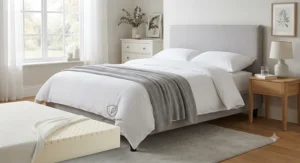 A comfortable double bedroom setup featuring a hypoallergenic synthetic latex mattress for allergy sufferers.