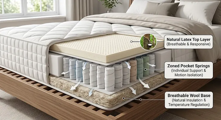 Cross-section diagram illustrating the natural latex top layer, zoned pocket springs, and breathable wool base of a latex hybrid mattress.