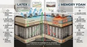 Infographic illustrating long-term resilience and sagging resistance in latex hybrid vs memory foam hybrid mattresses.