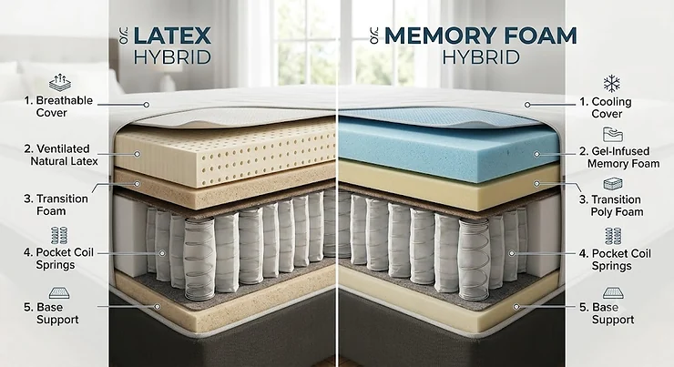 Cross-section diagram comparing layer structures of a latex hybrid vs memory foam hybrid mattress with pocket springs.