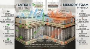 Graphic displaying natural fresh scent of organic latex hybrid mattresses compared to initial off-gassing odours in memory foam.
