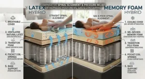 Diagram showing orthopaedic posture and pressure point relief for side sleepers on latex hybrid vs memory foam hybrid mattresses.