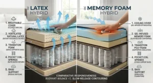 Comparison showing the buoyant bounce of a latex hybrid mattress against the slow-release contouring of memory foam.