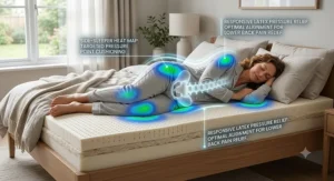 Side sleeper resting on a responsive latex mattress with pressure relief for lower back pain