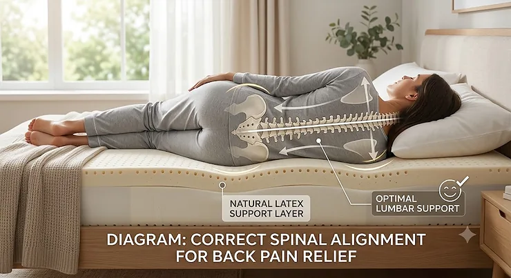 Diagram showing correct spinal alignment on a natural latex mattress for back pain relief