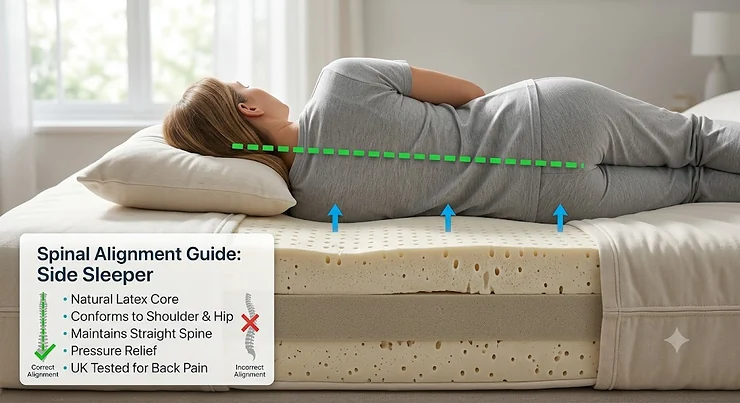 Diagram showing proper spinal alignment on a natural latex mattress for side sleepers with back pain. latex vs memory foam mattress