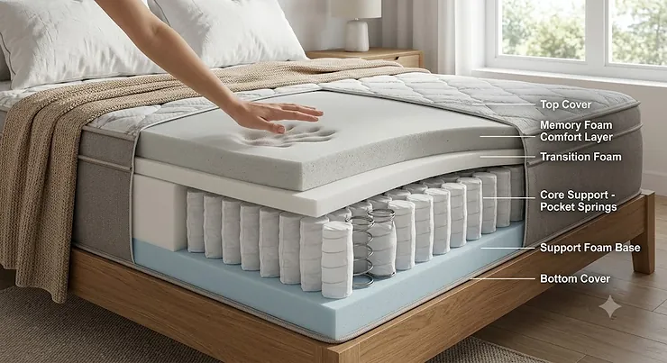Detailed cross-section diagram showing the internal layers of a hybrid memory foam pocket spring mattress.