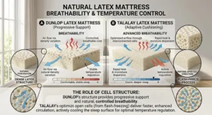 Airflow diagram demonstrating breathability and temperature regulation in Dunlop and Talalay latex mattresses