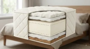 Cross-section showing the internal organic latex and natural fibre layers of a natural latex mattress