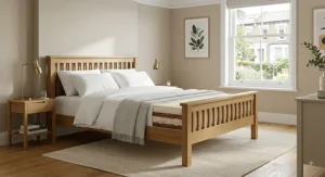 Double natural latex mattress resting on a solid oak bed frame in a brightly lit bedroom