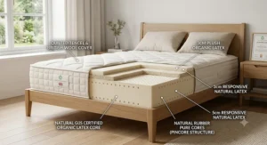 Cross-section illustration displaying internal layers and natural organic rubber core of a latex mattress