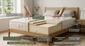 Comparison illustration highlighting the bounce and responsiveness of a natural latex mattress versus memory foam