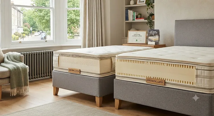 Comparison showing a natural versus synthetic latex mattress side by side in a modern British bedroom. natural vs synthetic latex mattress