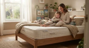 A parent and child sitting on a non-toxic, eco-friendly mattress in a cosy home environment.