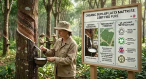 Illustration of natural Dunlop latex harvesting from rubber trees with UK organic certifications