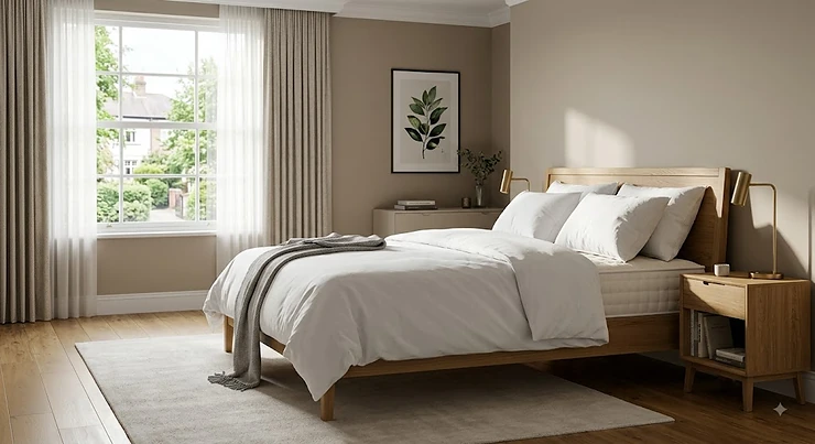 King size natural latex mattress dressed in crisp white organic cotton linen in a modern British bedroom