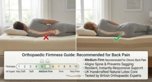 Orthopaedic firmness guide recommending medium-firm latex mattresses for lower back pain relief in the UK