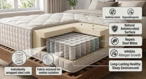 Detailed diagram of individually wrapped steel pocket springs forming the responsive supportive core of a latex hybrid mattress.