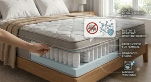 Close-up diagram of a soft, removable, hypoallergenic quilted mattress cover designed for dust mite resistance and easy washing.