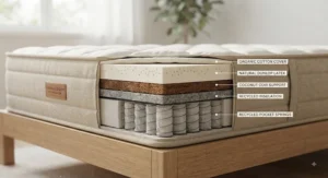 Cutaway view of a sustainable, eco-friendly mattress highlighting its natural latex and recycled components.