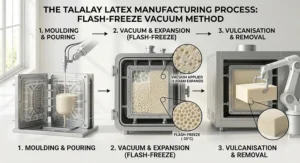 Diagram explaining the flash-freeze vacuum process used to manufacture Talalay latex mattress foam