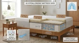 Size comparison guide for UK standard hypoallergenic mattresses from single to super king size.