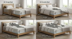 UK bed size guide illustration showcasing Single, Double, King, and Super King dimensions for pocket sprung memory foam mattresses.
