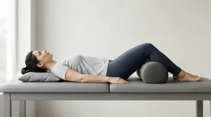 A back sleeper resting with knee elevation on a supportive mattress for sciatica pain reduction