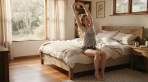 A person waking up refreshed and stretching on a medium orthopaedic mattress after a good night's sleep.