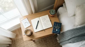 A flatlay checklist and a budget spring mattress guide resting on a wooden bedside table.