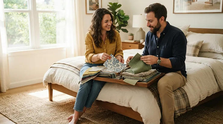 A couple discussing which open coil vs pocket sprung mattress to buy for their guest bedroom.