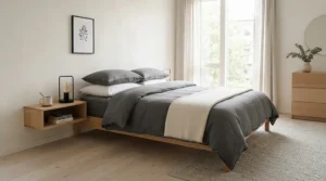 An extra firm orthopaedic mattress styled neatly with neutral linen bedding in a minimalist bedroom