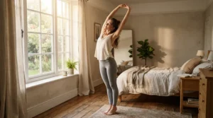 A person stretching gently in a British bedroom while deciding between a firm vs medium orthopaedic mattress for back pain.