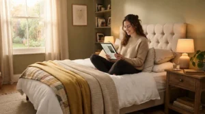 A homeowner reading a mattress firmness guide before purchasing a firm vs medium orthopaedic mattress online.
